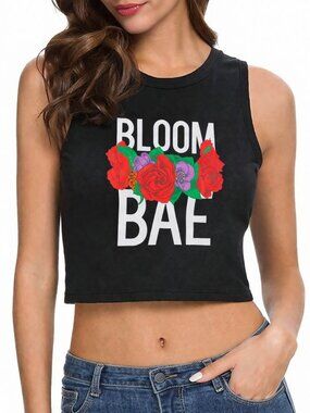 NEW 🌹Medium Black BAE Tank Top Cropped Crop Top Women's 95% Cotton Floral
